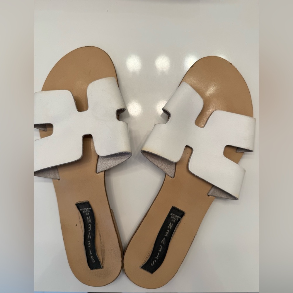 Seven7 White and Tan Slide Sandals